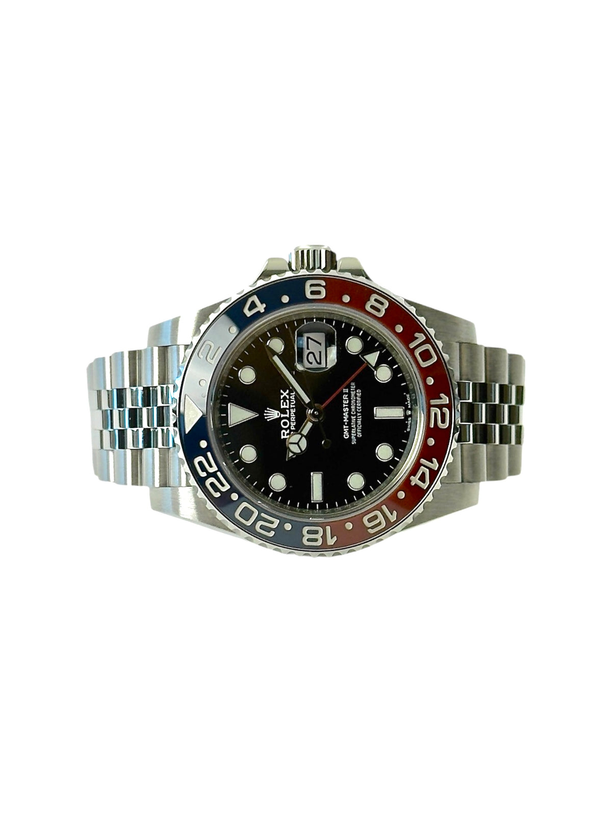Rolex GMT-Master II 126710BLRO "Pepsi" liggende frontvisning komplet sæt i framragende stand