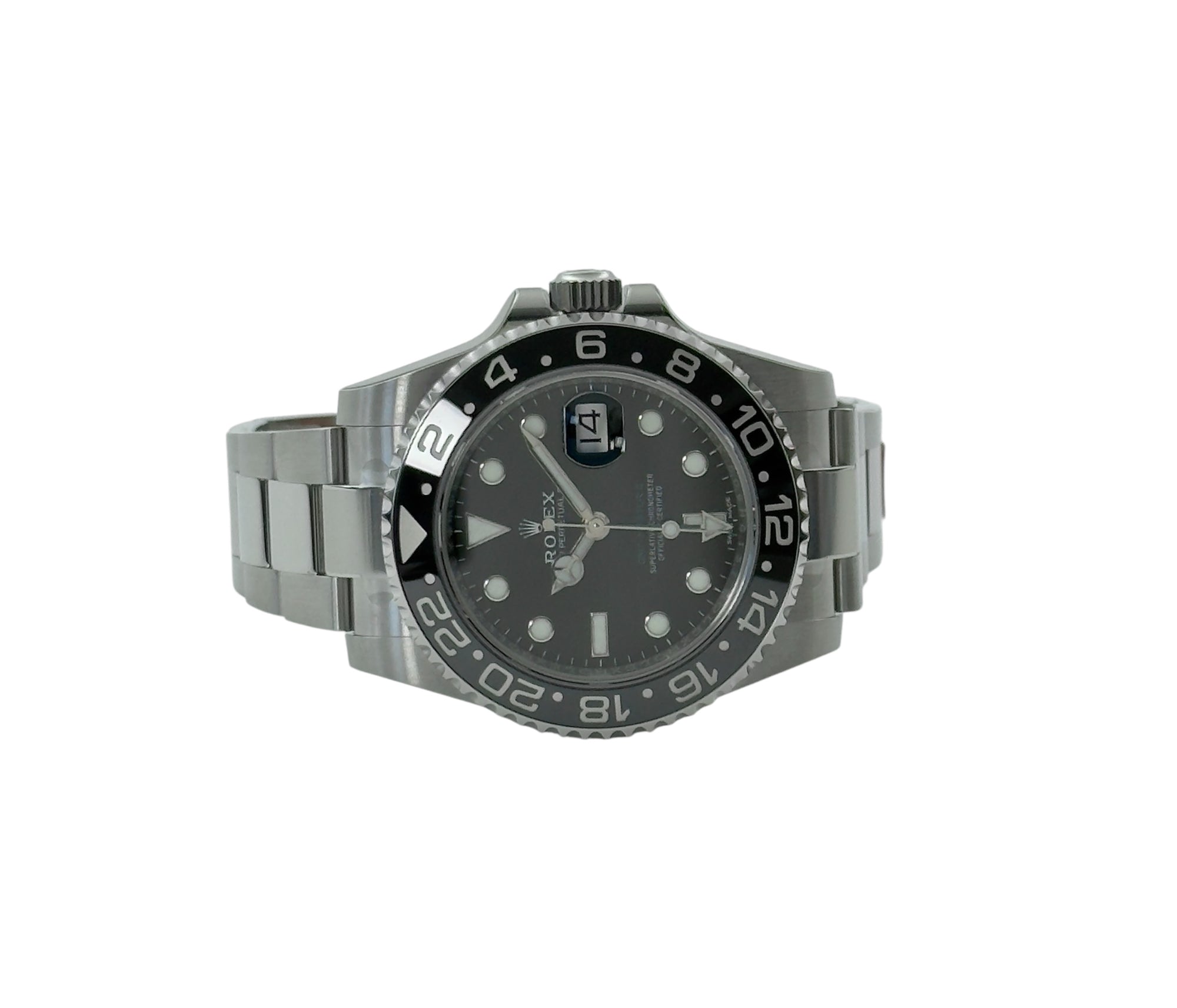 Rolex GMT-Master II 116710LN liggende frontvisning i mint stand med alle stickers og komplet sæt