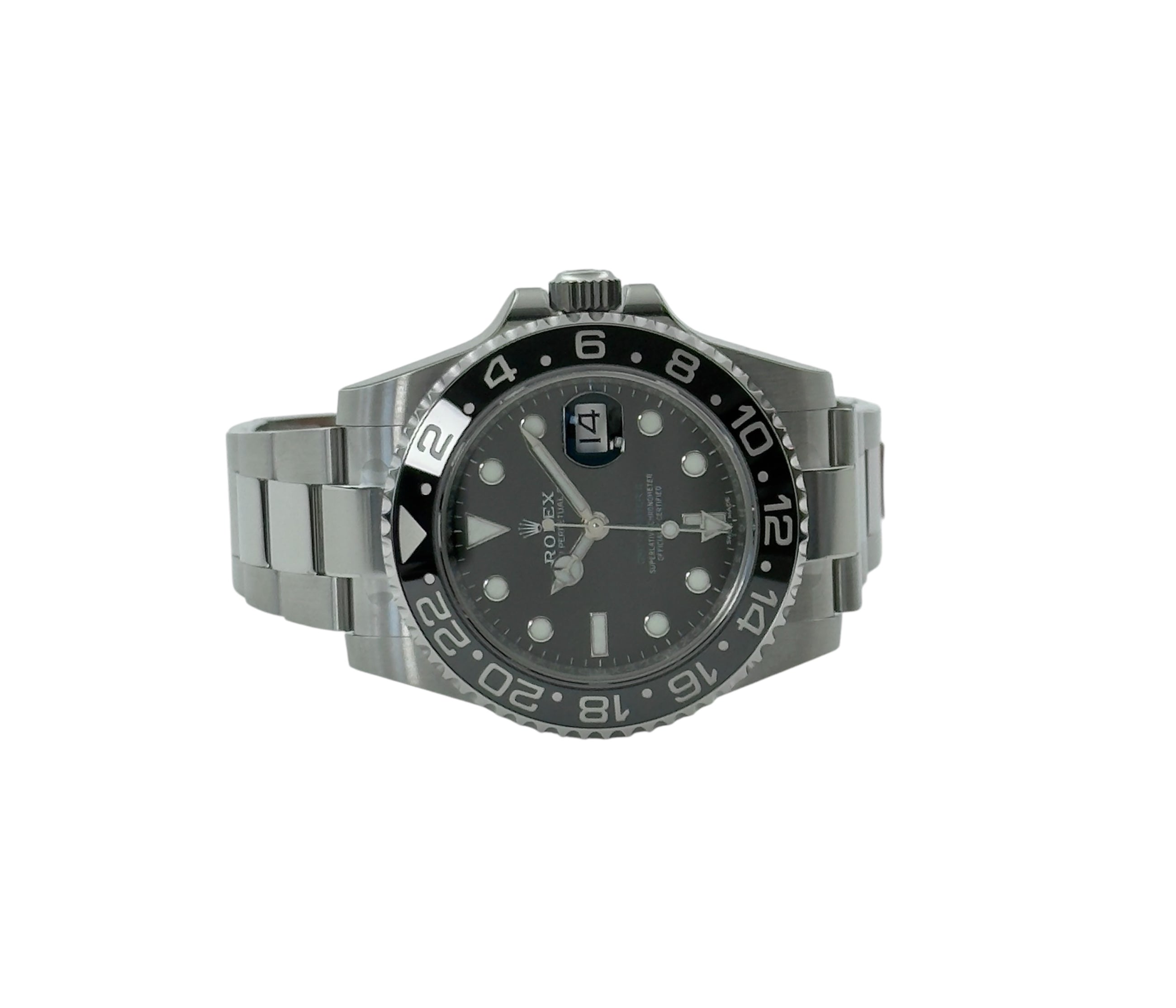 Rolex GMT-Master II 116710LN liggende frontvisning i mint stand med alle stickers og komplet sæt