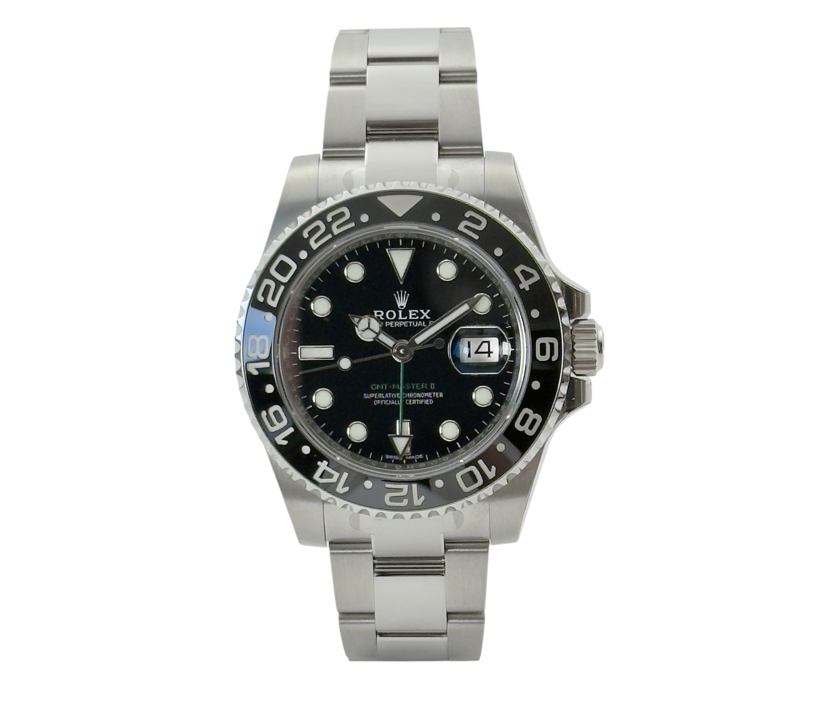 Rolex GMT-Master II 116710LN stående frontvisning i mint stand med alle stickers og komplet sæt