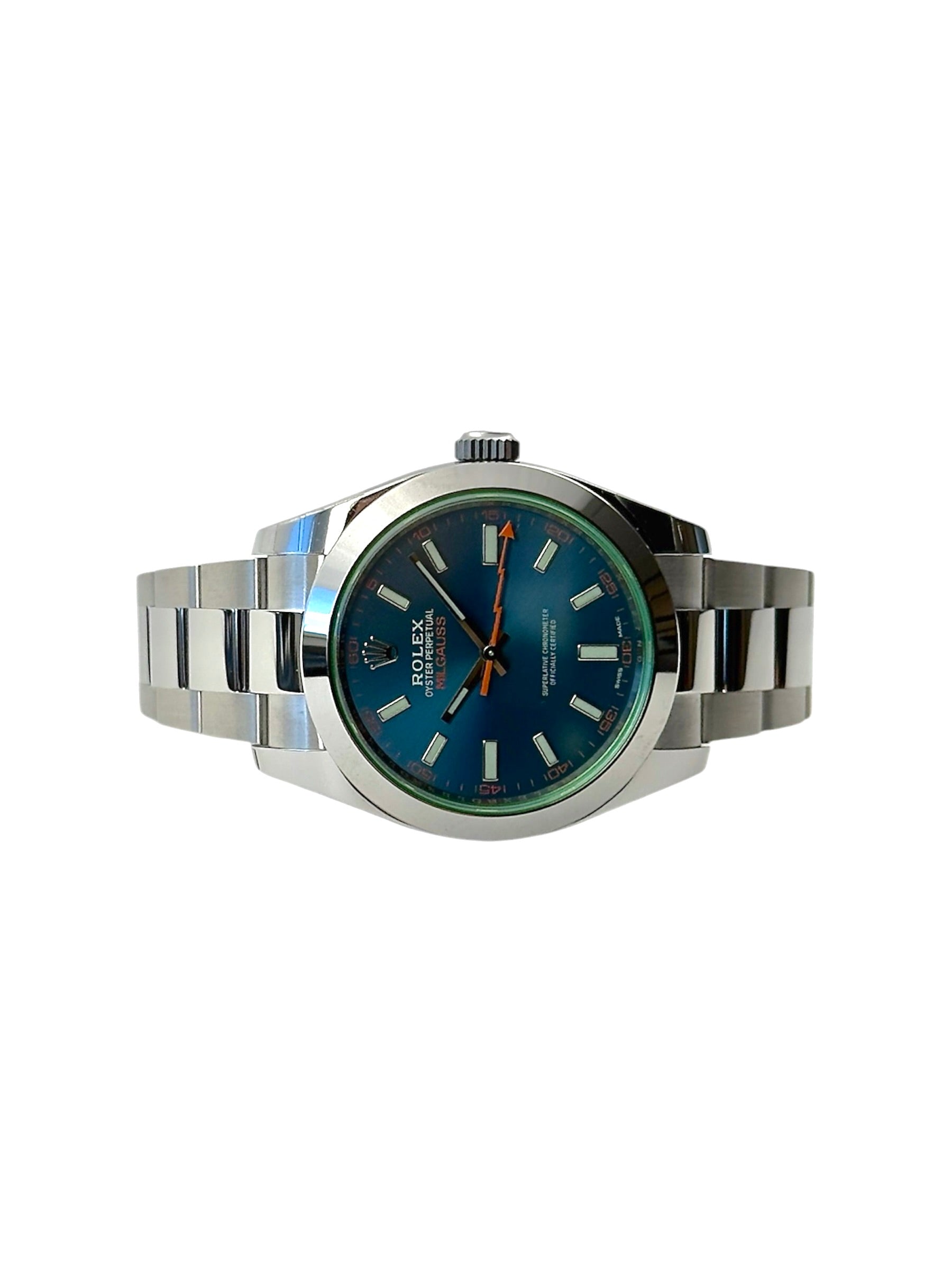 Rolex Milgauss 116400GV liggende frontvisning i mint stand med sticker og komplet sæt