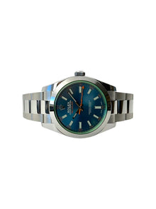 Rolex Milgauss 116400GV liggende frontvisning i mint stand med sticker og komplet sæt