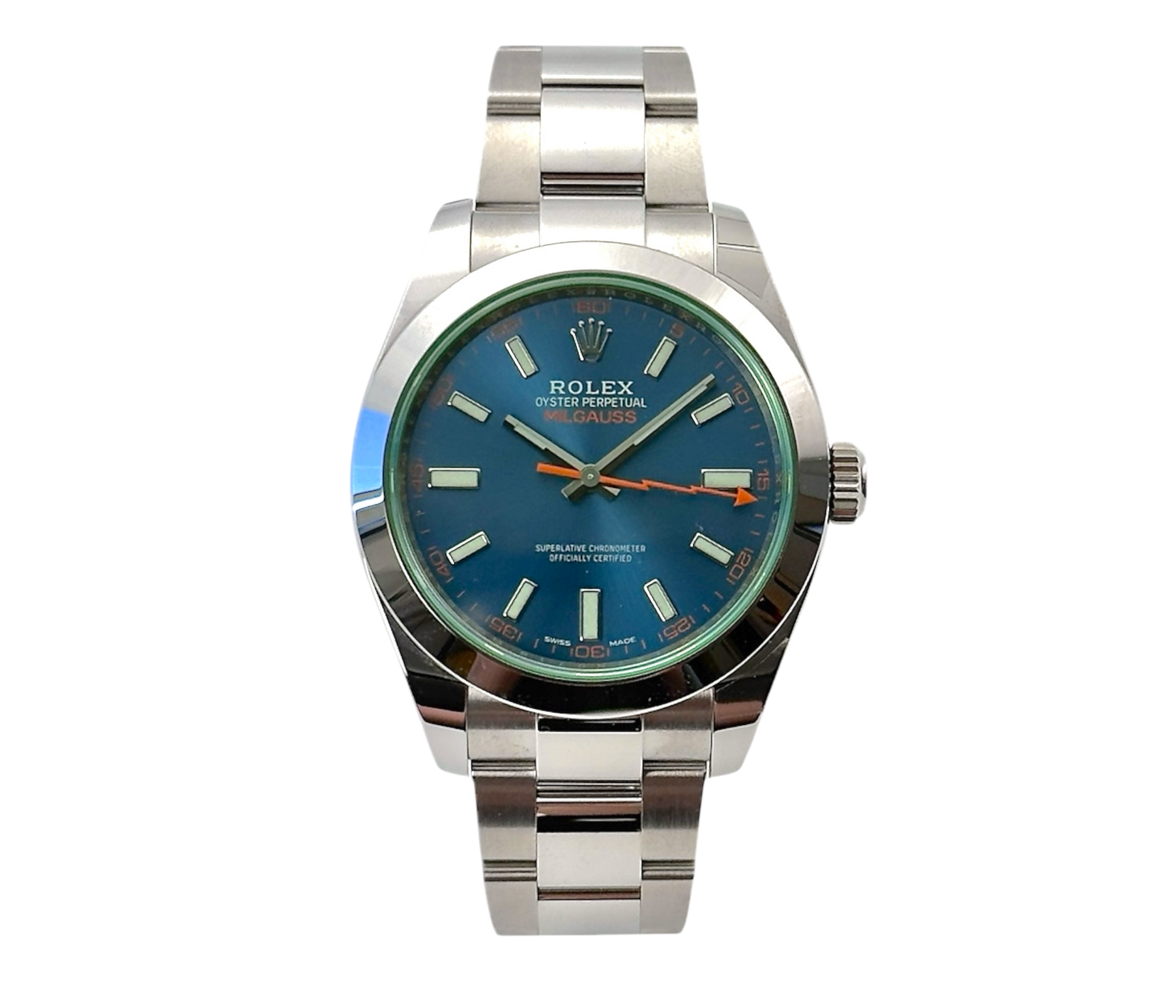 Rolex Milgauss 116400GV stående frontvisning i mint stand med sticker og komplet sæt