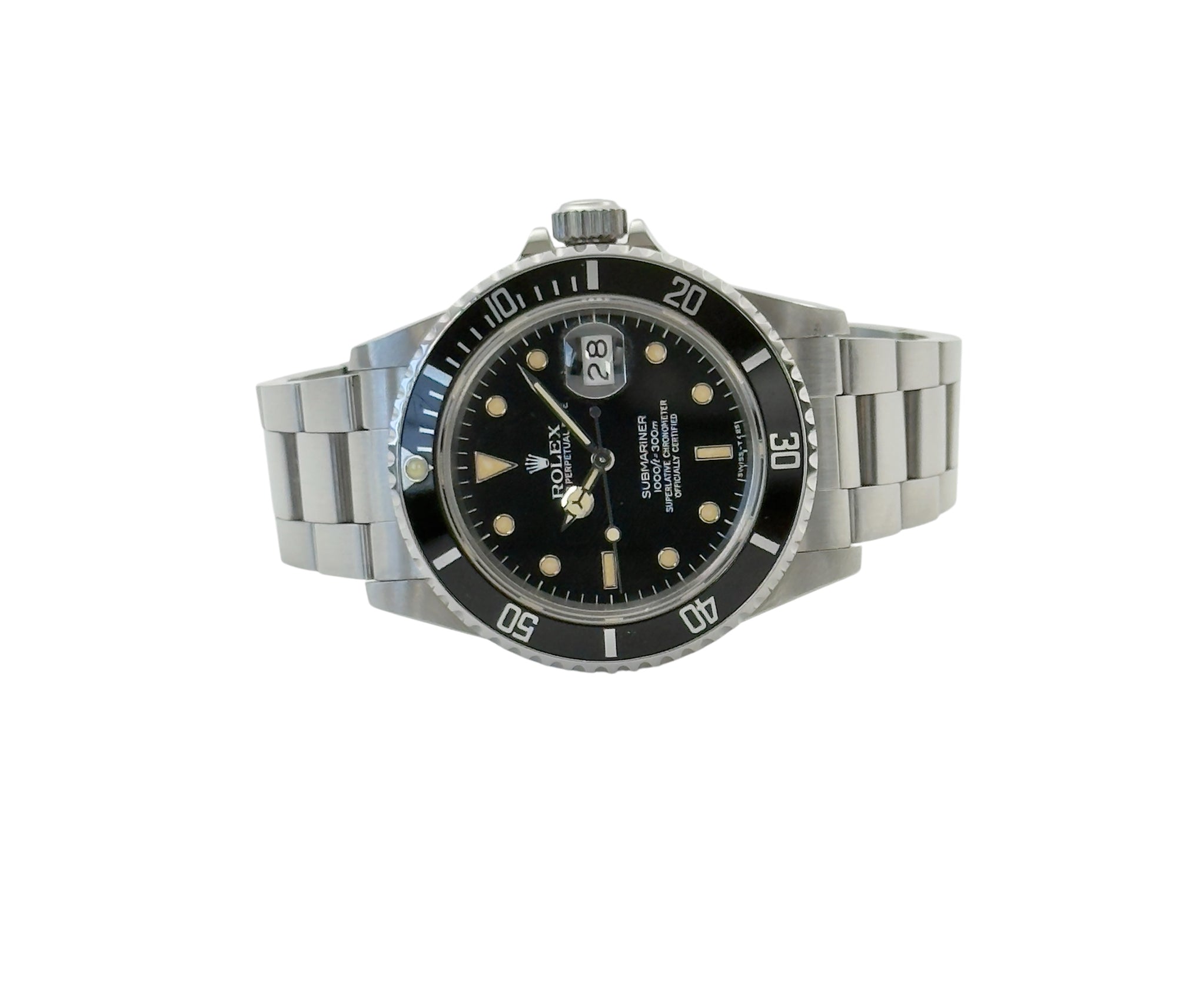 Rolex Submariner 16800 fra 1984 liggende frontvisning med boks og certifikat i super god stand