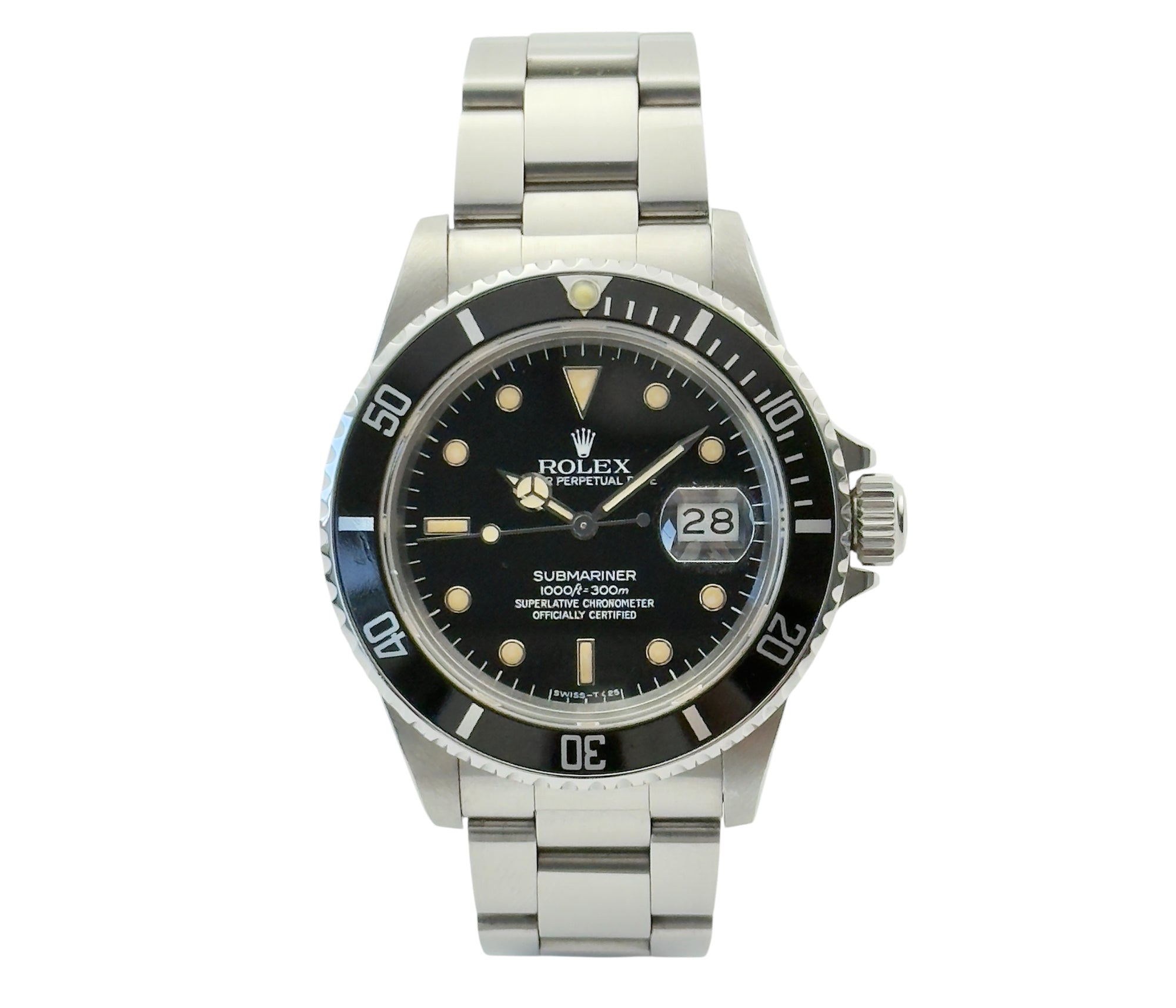 Rolex Submariner 16800 fra 1984 stående frontvisning med boks og certifikat i super god stand