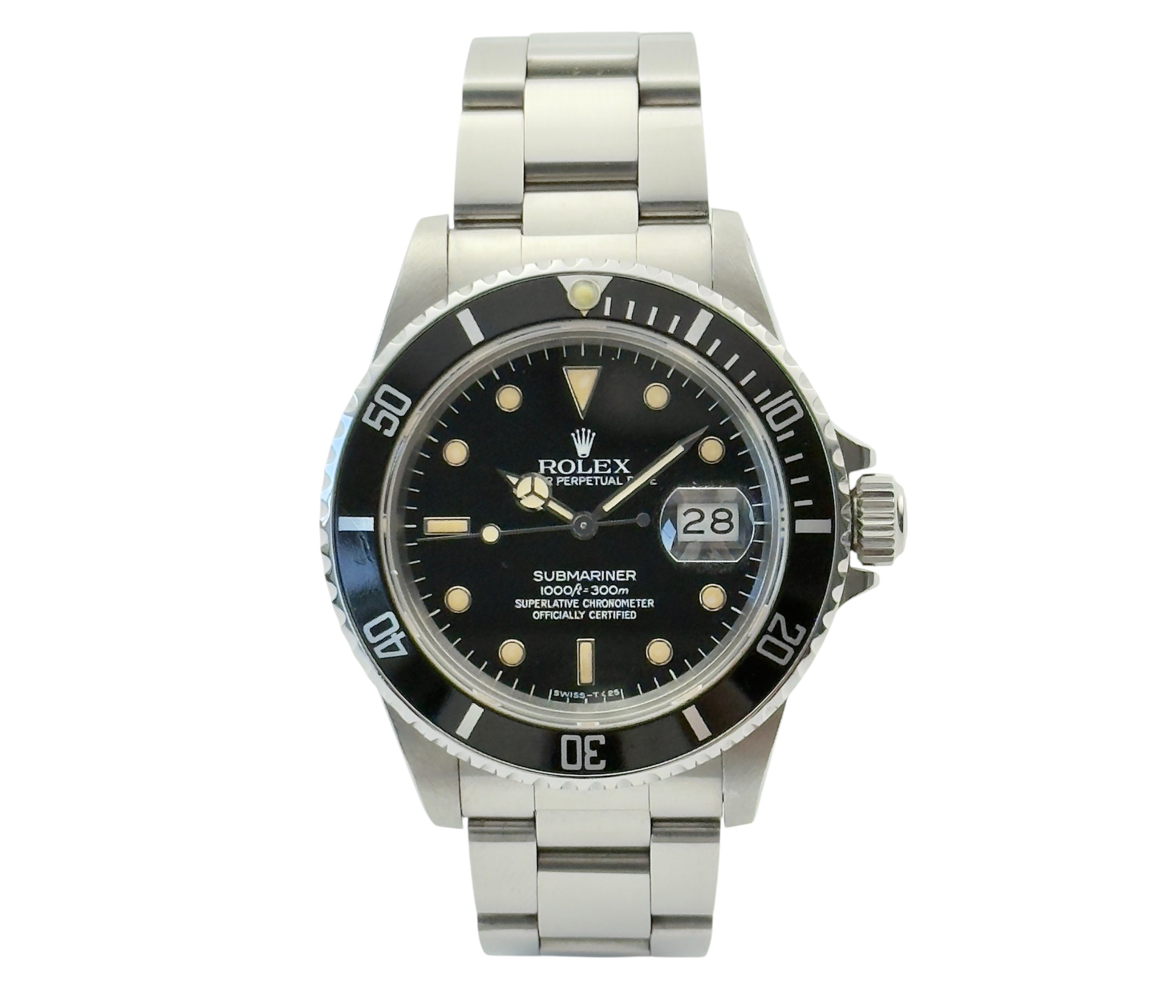 Rolex Submariner 16800 fra 1984 stående frontvisning med boks og certifikat i super god stand